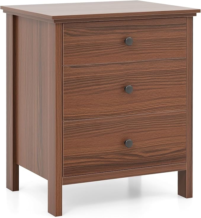 KOMFOTT 3 Drawers Nightstand, Wooden Bedside Table, Modern Sofa Side End Table, Space-Saving Telephone Table, Chest of Drawers for Living Room, Bedroom & Office (1, Walnut)
