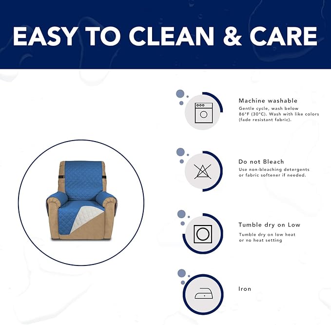 PureFit Reversible Sofa Cover Water Resistant Recliner Couch Cover, Machine Washable Furniture Cover with Adjustable Strap for Dogs, Pets (Recliner, Blue/Ivory)