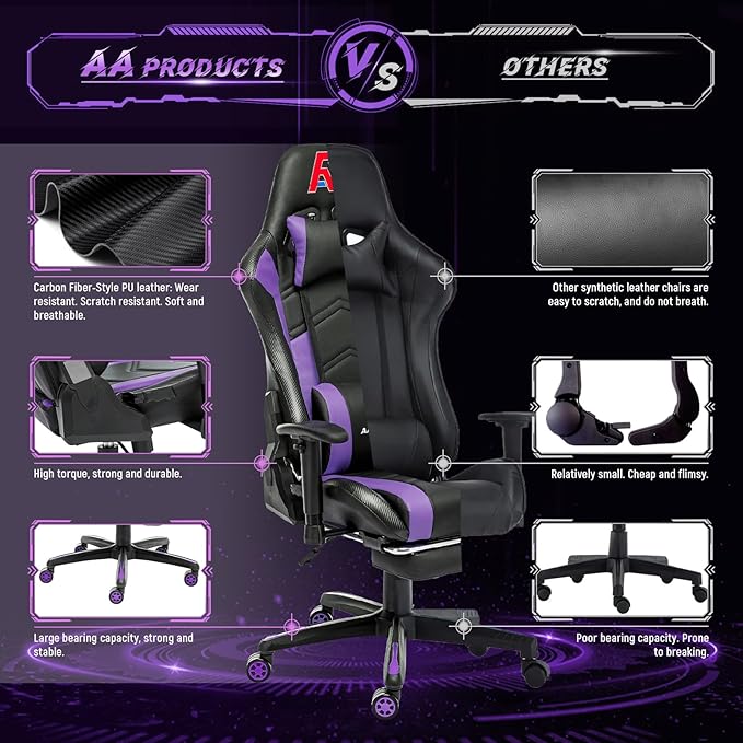 AA Products High Back Ergonomic Gaming Chair with Footrest, Lumbar Support, Swivel, Adjustable for Gamers - Black/Purple