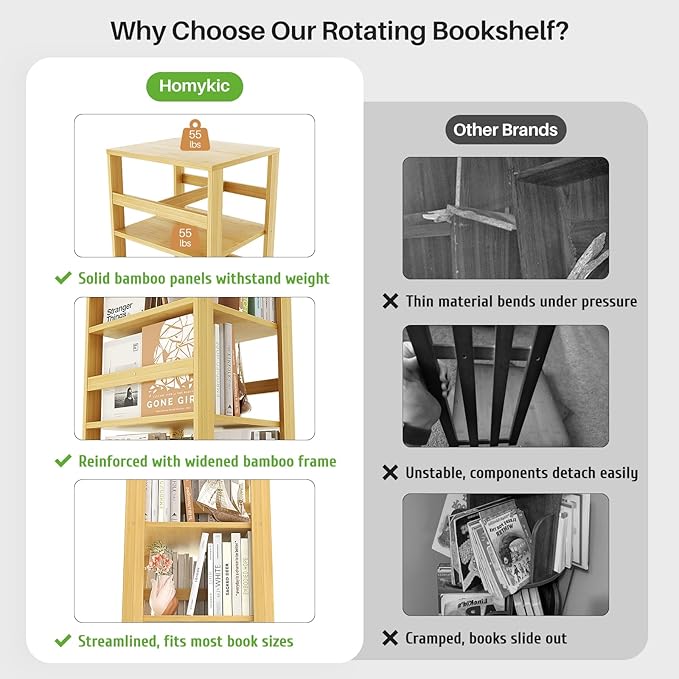 Homykic Rotating Bookshelf, Bamboo 360 Display Spinning Bookshelf Tower, 5-Tier Small Corner Bookcase for Small Spaces, Narrow Revolving Book Shelf Organizer Rack for Home Office, Natural