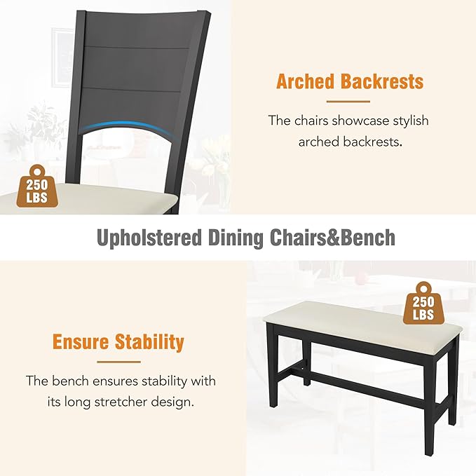 Ball & Cast Dining Table Set for 6,6-Piece Kitchen Table Set W/ 1 Bench & 4 Cushioned Chairs,59" Rectangular Desk W/Half Round Legs & Rectangle Base,for Dining Room,Kitchen,Restaurant,Gray