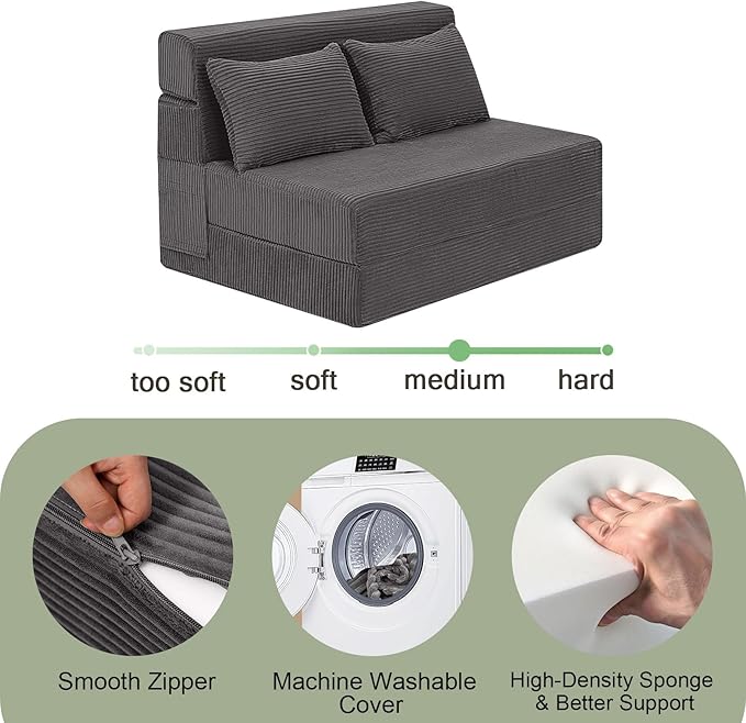 MeMoreCool Boneless Folding Sofa Bed, Corduroy Convertible Sleeper Chair, Foldable Foam Mattress Chair, Comfy Fold‑Out Futon Couch Bed, Large Floor Sofa Couch for Living‑Room Guest