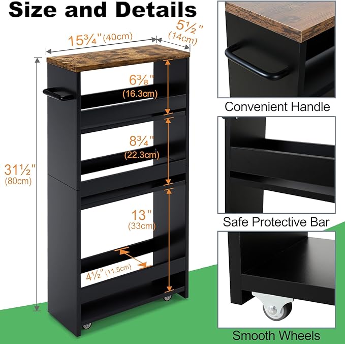 MARTY Rolling Storage Cart 4-Tier Black Kitchen Cart with Wheels, Slim Storage Cart with Handle Slide Out Utility Cart Shelving Unit Organizer Trolley for Laundry Narrow Places Bathroom Small Corner