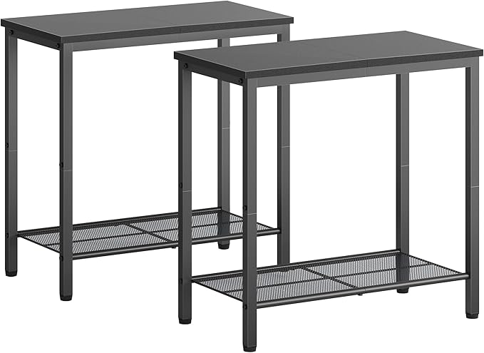 Hoctieon 2 Tier End Table, Sofa Side Table, Narrow Side Shelf with Storage, Slim Nightstand for Small Spaces, Metal Frame, for Living Room, Bedroom, Sofa Couch, Hall, Black, 2 Set
