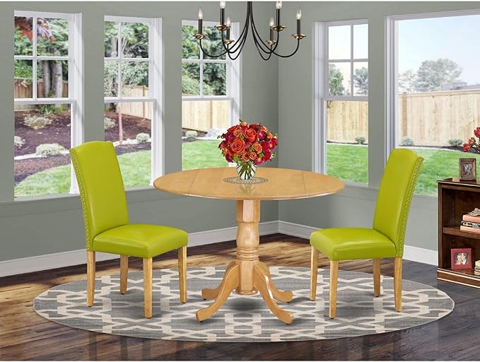 East West Furniture DLEN3-OAK-51 3 Piece Dinette Set for Small Spaces Contains a Round Dining Table with Dropleaf and 2 Autumn Green Faux Leather Upholstered Chairs, 42x42 Inch, Oak