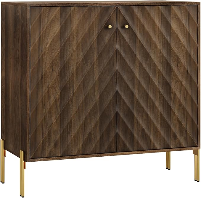 Smuxee Walnut Sideboard Cabinet, Freestanding Buffet Cabinet with Golden Metal Feet, Wood Storage Cabinet with Adjustable Shelf for Living Room, Entryway, Hallway