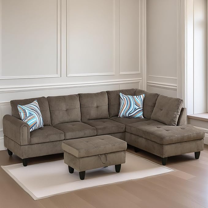 L Shaped Sectional Couches for Living Room, Modern Modular Sectional Sofa with Ottoman Storage, Comfy L Shaped Couch with Chaise for Bedroom Apartment Furniture, Brown