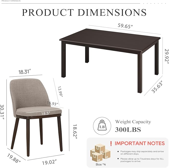 COLAMY 60 Inch Rectangular Kitchen Dining Table for 6, Modern Farmhouse Dining Table Set for 6, Wood Dining Table and Upholstered Dining Chairs for Kitchen, Dining Room, Restaurant, Brown/Camel