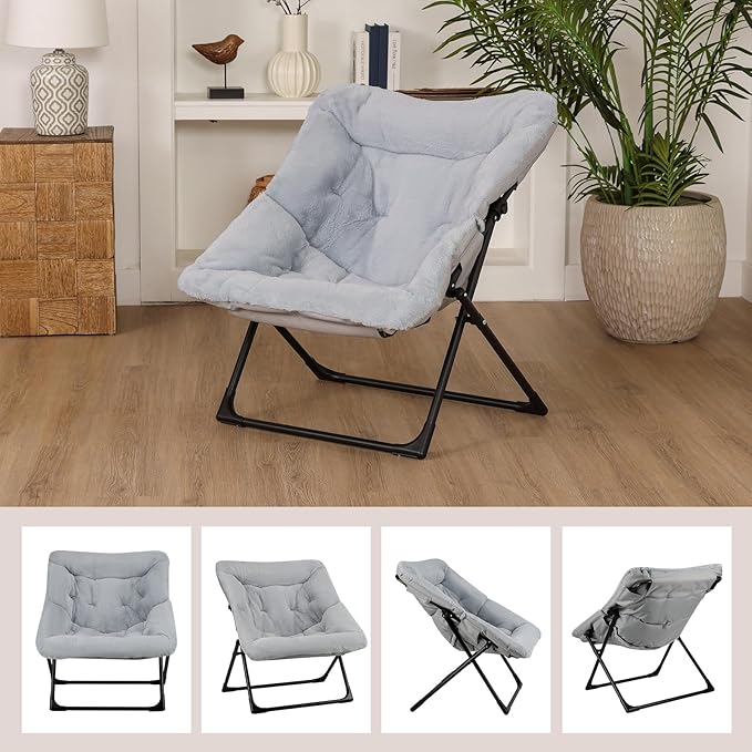 Comfy Saucer Chair for Adults, Soft Faux Fur Bedroom Chair, Accent Dorm Chairs, Flexible Living Room Reading Chairs, Oversized Folding Lounge Seat for Teens, X-Large, Grey