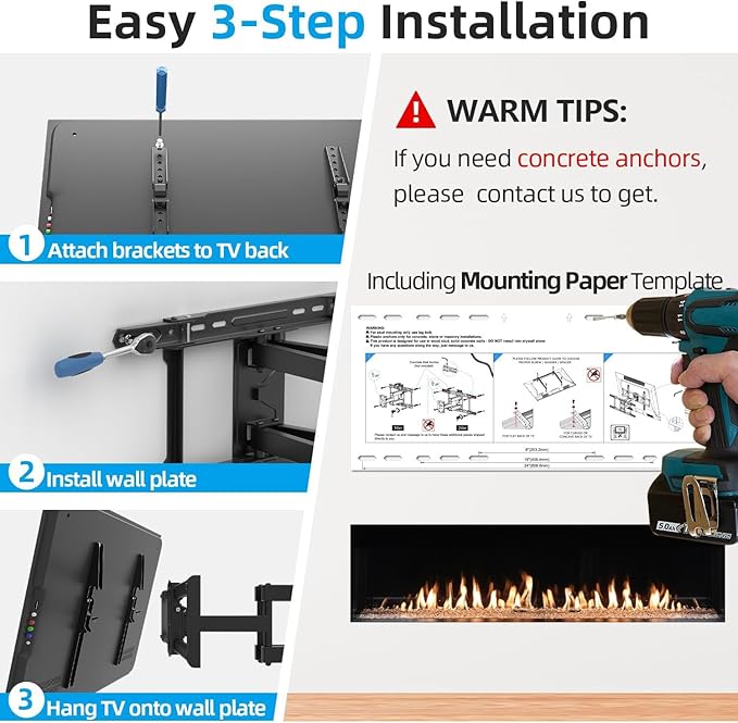 Full Motion TV Wall Mount 24 inch Studs for Most 42-86 Inch TVs, Adjustable TV Wall Mount Swivel and Tilt, Loading 110 LBS, Max VESA 600x400mm, Fits 16", 18", 24" Studs