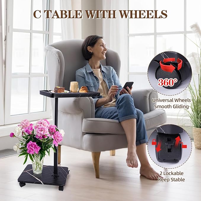 C Table Side Table End Table Adjustable Height,C Shaped End for Couch,Snack Tables,360°Swivel TV Tray Sofa Table, For Small Spaces,Side Tables living room and bedroom for Sofa, Bed,Chair(black)