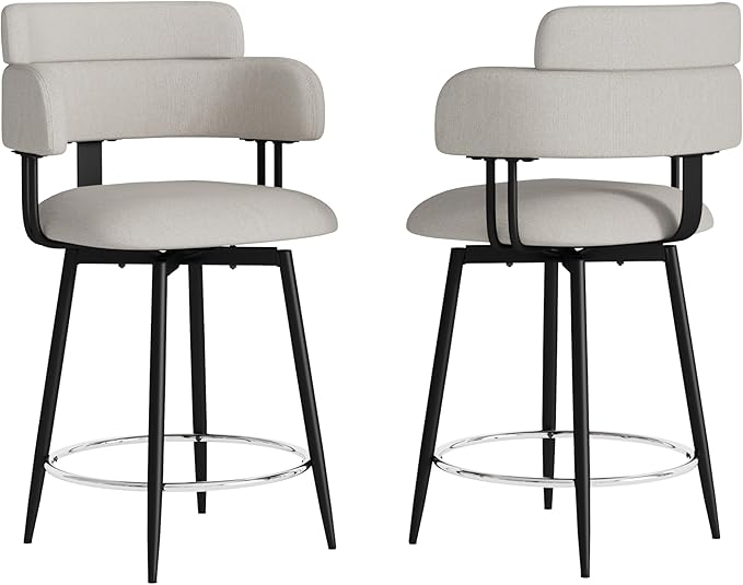 Swivel Bar Stools Set of 2, Counter Height Bar Stools with Ergonomic Full Back, Upholstered Linen Fabric Barstools with Chrome Metal Footrest for Kitchen Island, Dining Room