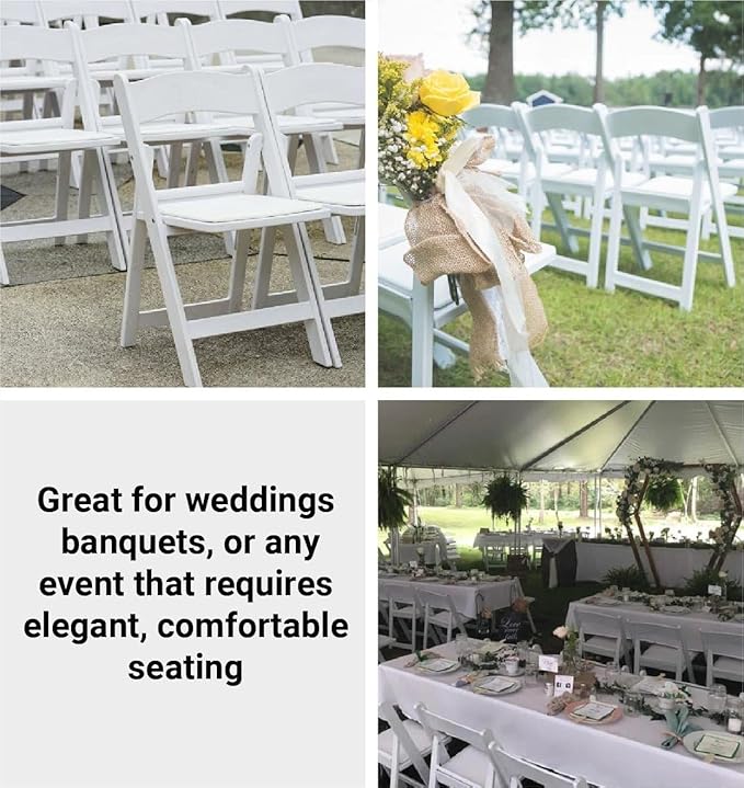 TentandTable White Resin Folding Chairs - Set of 2 Lightweight Stackable Chairs with Padded Seats - Durable 1000LB Capacity - Comfortable Indoor/Outdoor Event Chairs for Weddings, Parties, and More