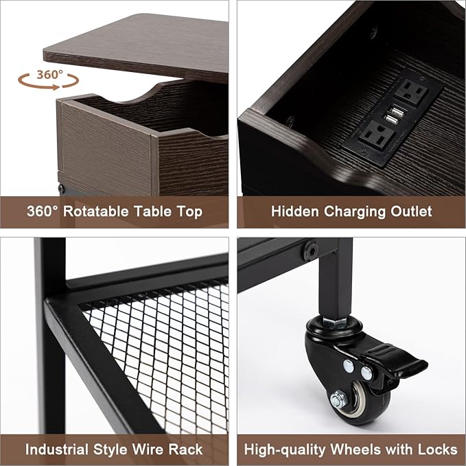 Hadulcet End Table with Charging Station & Rotating Top, Couch End Table, Rotating Swivel Top Side Table for Living Room & Bedroom, Narrow Rolling Side Table on Wheels, Skinny Nightstand, Black Walnut