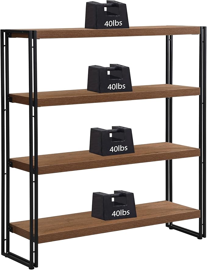 4 Tier Bookshelf Rustic Industrial Bookcase with Modern Open Wood Shelves, Brown