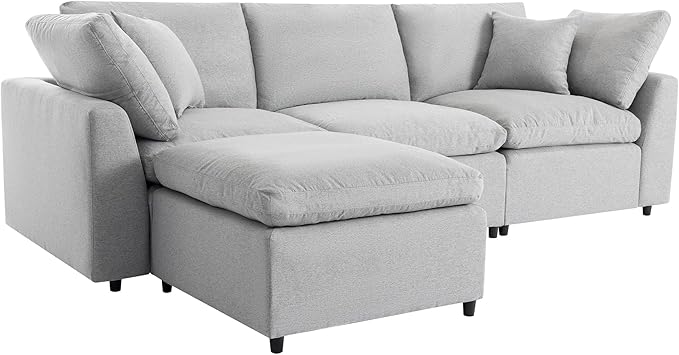 104.3 Inch L-Shaped Modular Sectional Sofa with Reversible Chaise and Pillows, Down Filled Upholstered Convertible Corner Couch for Living Room, Bedroom, Office, Apartment, Light Gray