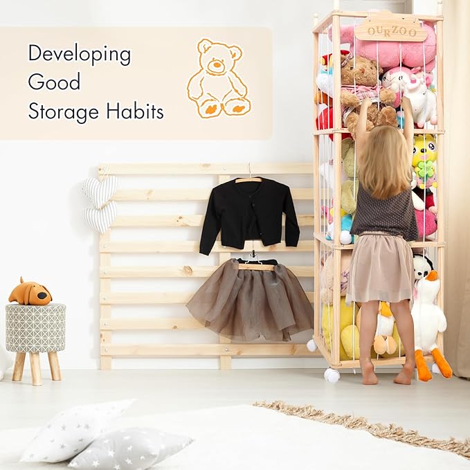 Stuffed Animal Storage Organizer, Zoo Toy Storage Holder with Wheels, Extra Large Capacity Wooden Stuffed Animals Storage Cage, Soft Toy Stuffed Animal Holder Tower for Nursery Playroom Bedroom