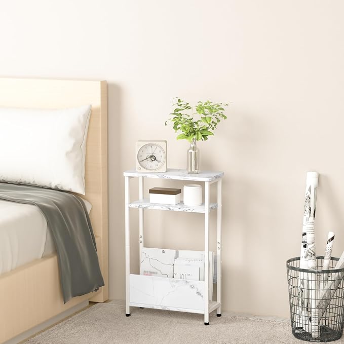 7.1" Narrow Side Table for Small Spaces, 3 Tier Small End Table with Magazine Holder, Slim/Skinny Nightstand/Bedside Table, 15.4" L x 24.2" H, Faux White Marble with White Legs