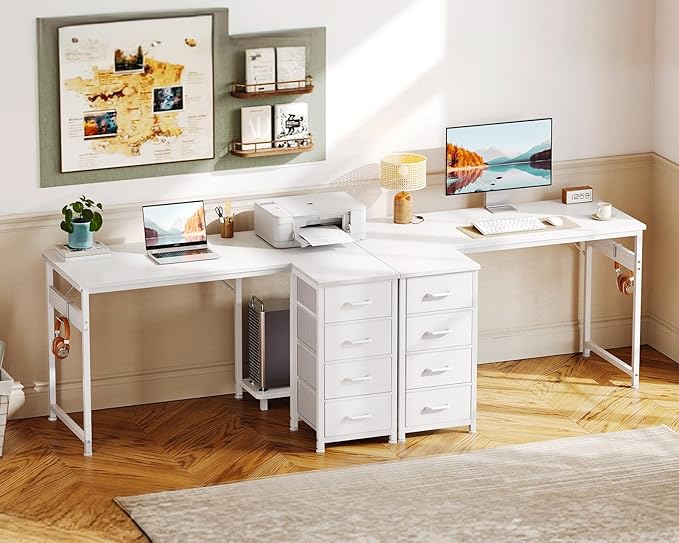 Casaottima L Shaped Desk with 4 Drawers, 40" Small White Computer Desk with Storage, Reversible Kids Study Desk with CPU Stand & Hook, Corner Desk for Home Office
