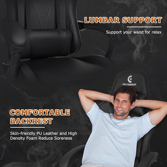 Gaming Chair with Linkage Armrest & Footrest, High Back Video Gaming Chair, Black