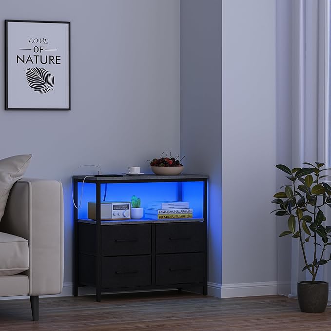 TUTOTAK LED Night Stand with Charging Station, Large Nightstand with USB and Type-C Port, Bedside Table with Cloth Drawers, End Table for Livingroom, Bedroom, Charcoal Grey TB01BY081L