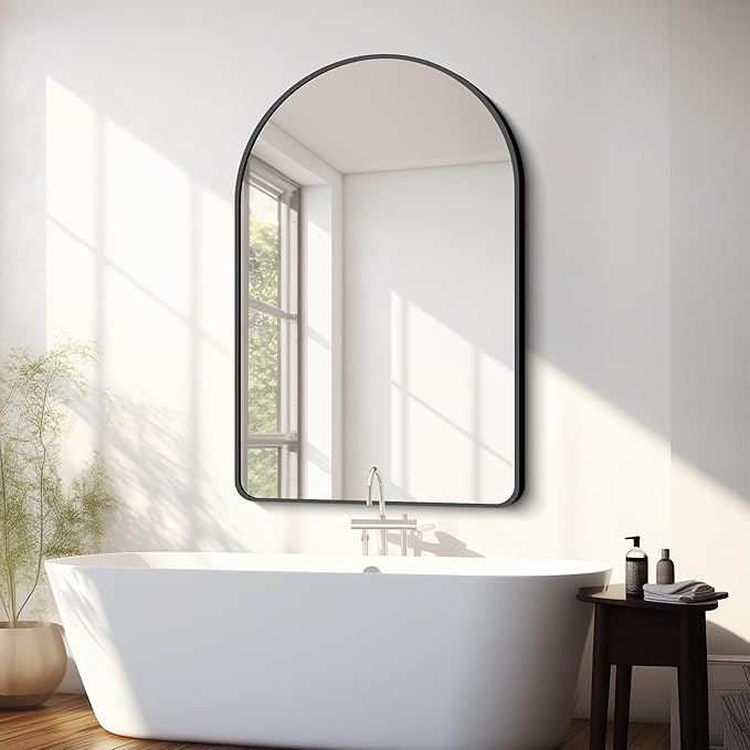 FORBATH Arched Mirror 32x48 Inch, Bathroom Mirror Wall Mounted Modern Black Aluminum Alloy Frame Decor Large Dresser Mirror for Bedroom Living Room Entryway, Hanging or Leaning Against Wall