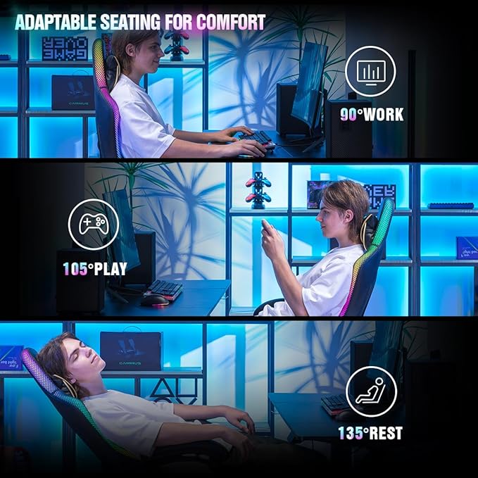 GTPLAYER Gaming Chair, RGB Gaming Chairs with LED Lights, Video Gaming Chair for Adults, Ergonomic Computer Gaming Chair with Linkage Armrest, Reclining Chair with Headrest (with Massage, Yellow)