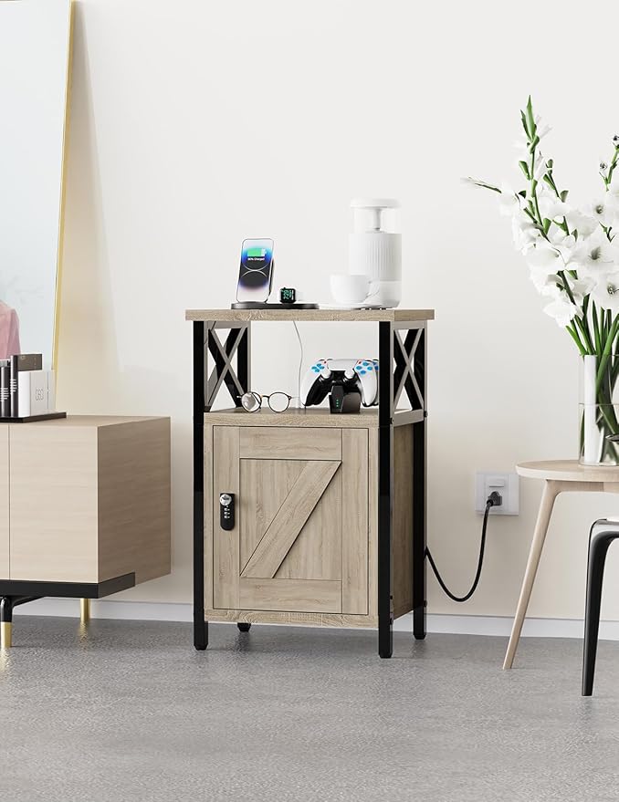 Wooden Nightstand with Lock, Bed Side Table with Drawers, Bedside Table with Charging Station, 3 USB & 2 Outlets, Night Stand with Storage, End Tables for Living Room, Bedroom, Greige