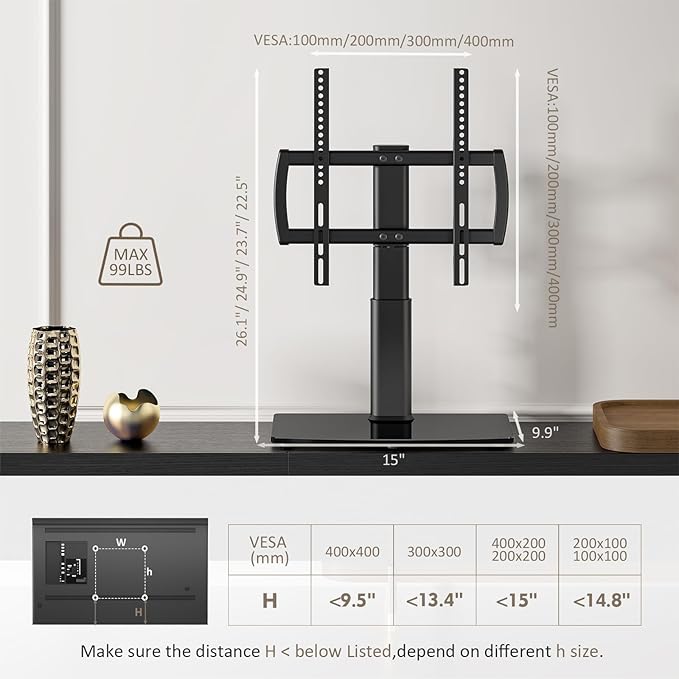 Universal Swivel/Table Top TV Stand 27 to 60 inch TVs 80 Degree Swivel, 4 Level Height Adjustable, Heavy Duty Tempered Glass Base, Holds up to 99lbs Screens, HT04B-001
