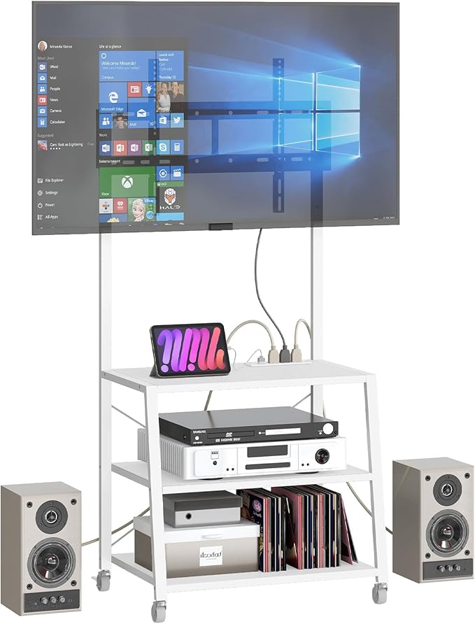 HOOBRO Rolling TV Stand with Mount and Power Outlet Up to 55 inch TV, Corner Entertainment Center, Small TV Stand with 3-Tier Storage Shelves for Living Room, Bedroom, White WW66UDS01