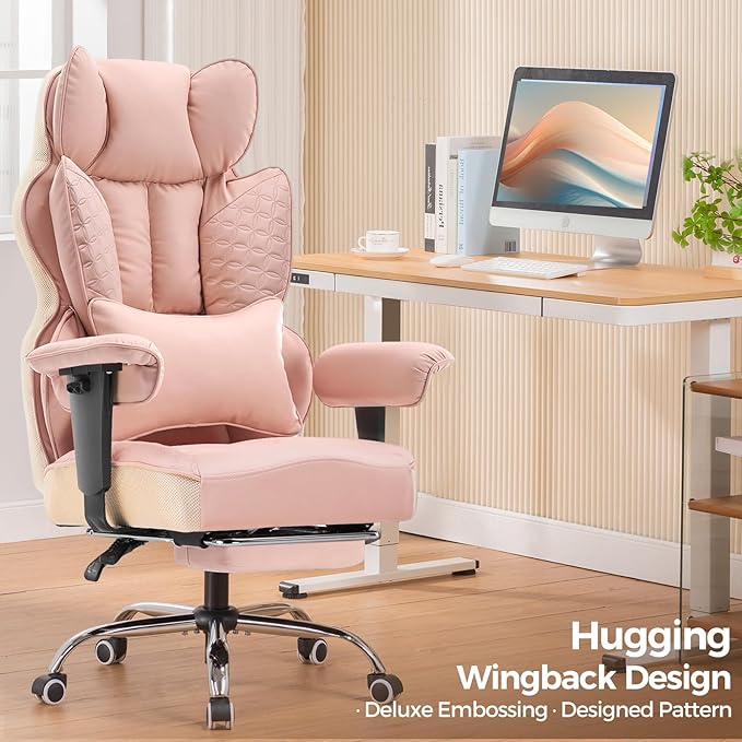 GTRACING Big and Tall Gaming Chair 400lbs Heavy Duty Office Chair with Foot Rest & Ergonomic Pocket Spring Lumbar Support, High Back 3D Saddle Shaped Cushion for Back Pain Relief, Pink