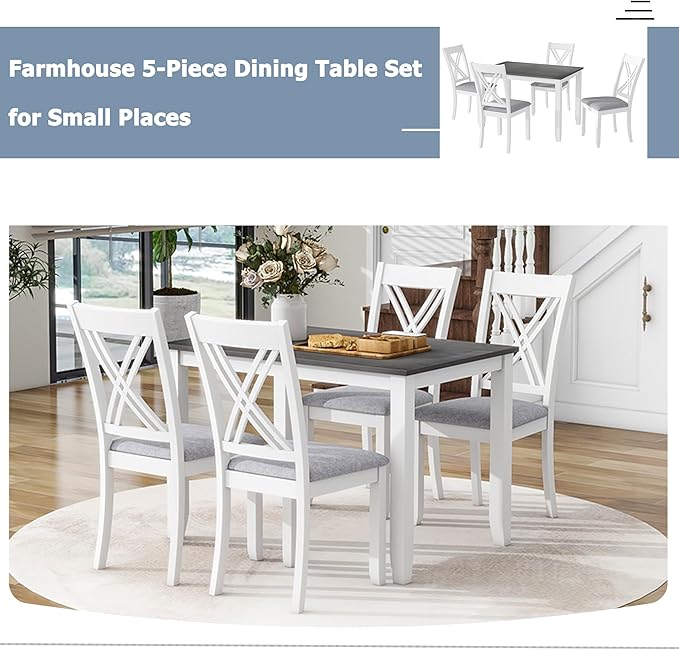 Ball & Cast Dining Table Set for 4 with 4 X-Back Chairs,5-Piece Wooden Living Room Furniture W/ 44.5" Rectangle Kitchen Desk,for Small Space,Apartment,Dining Room,Grey