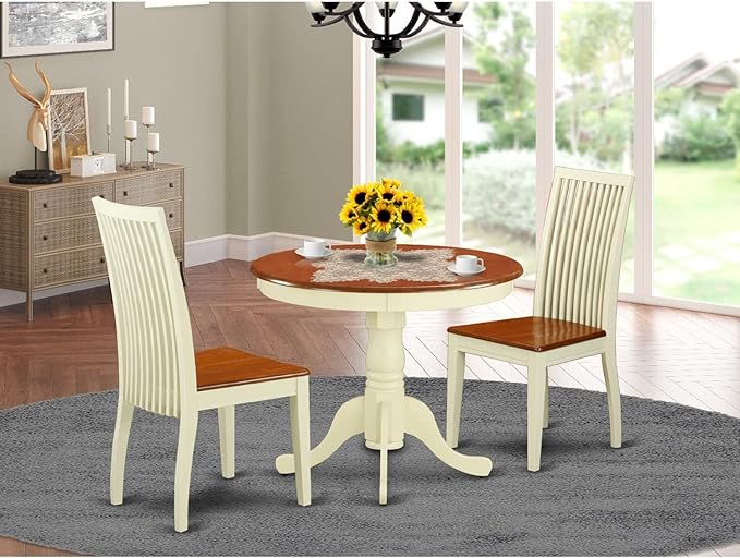 East West Furniture ANIP3-BMK-W 3 Piece Dining Set Contains a Round Dining Room Table with Pedestal and 2 Wood Seat Chairs, 36x36 Inch, Buttermilk & Cherry