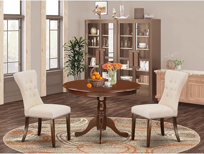 East West Furniture HLGA3-MAH-32 3 Piece Dining Room Table Set Contains a Round Dining Table with Pedestal and 2 Light Beige Linen Fabric Upholstered Chairs, 42x42 Inch, Mahogany