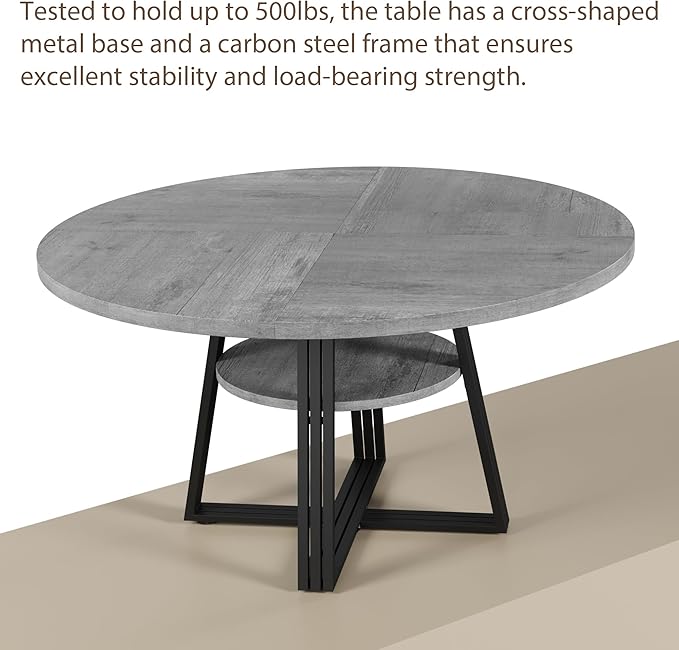 GarveeHome Round Dining Table for 4-6, 47.2" Farmhouse Kitchen Table with Storage, Circle Dinner Tables for Kitchen, Dining Room, Living Room, Meeting Room, Apartment, Grey
