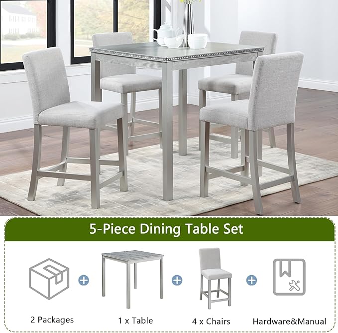 KEIKI 5-Piece Counter Height Dining Table Set with Square Table and 4 Upholstered Chair, for 4 Person, Classic Crystal Decoration Wooden Table Set, Easy Assembly, for Kitchen, Dining Room, Silver Grey