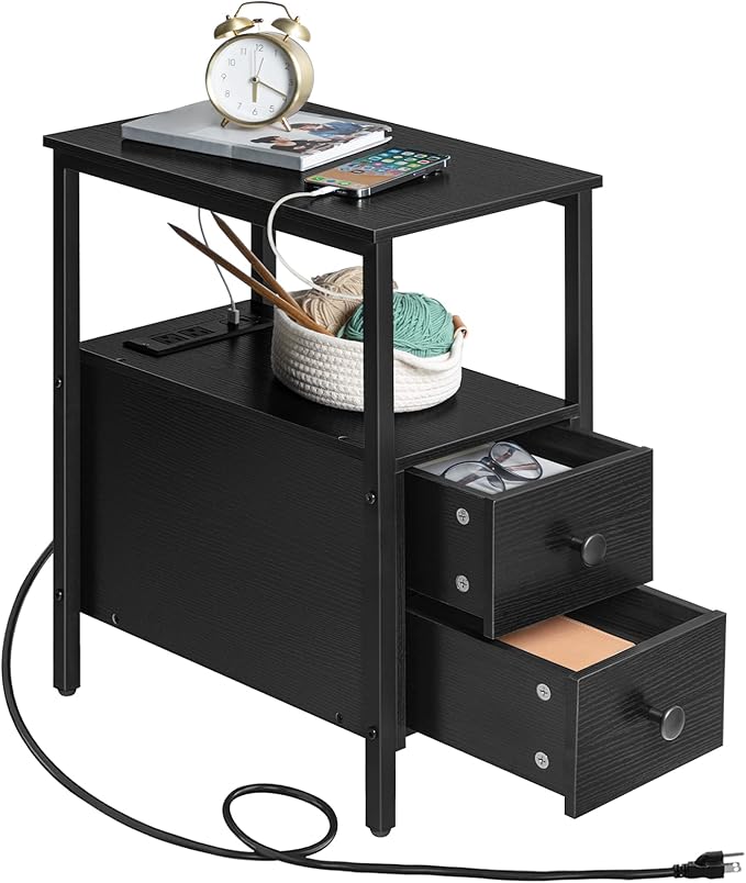 HOOBRO End Table with Charging Station, Narrow Side Table with 2 Drawer & USB Ports & Power Outlets, Nightstand for Small Spaces, Stable and Sturdy, for Living Room, Bedroom, Black BK541BZ01