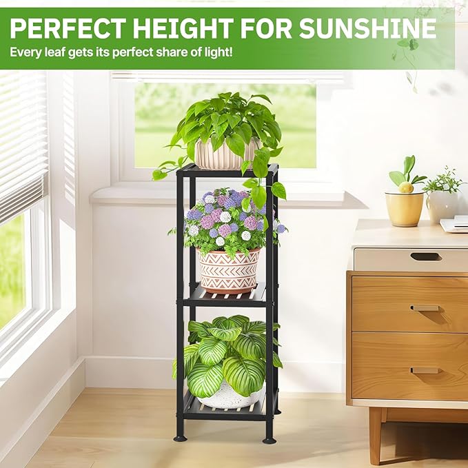 KMOTASUO 3 Tiered Black Tall Plant Stand for Indoor Outdoor, Heavy Duty Metal Multiple Large Planter Rack for Narrow Corner, Sturdy Iron Vertical Flower Holder for Modern House, Patio, Bathroom, Porch
