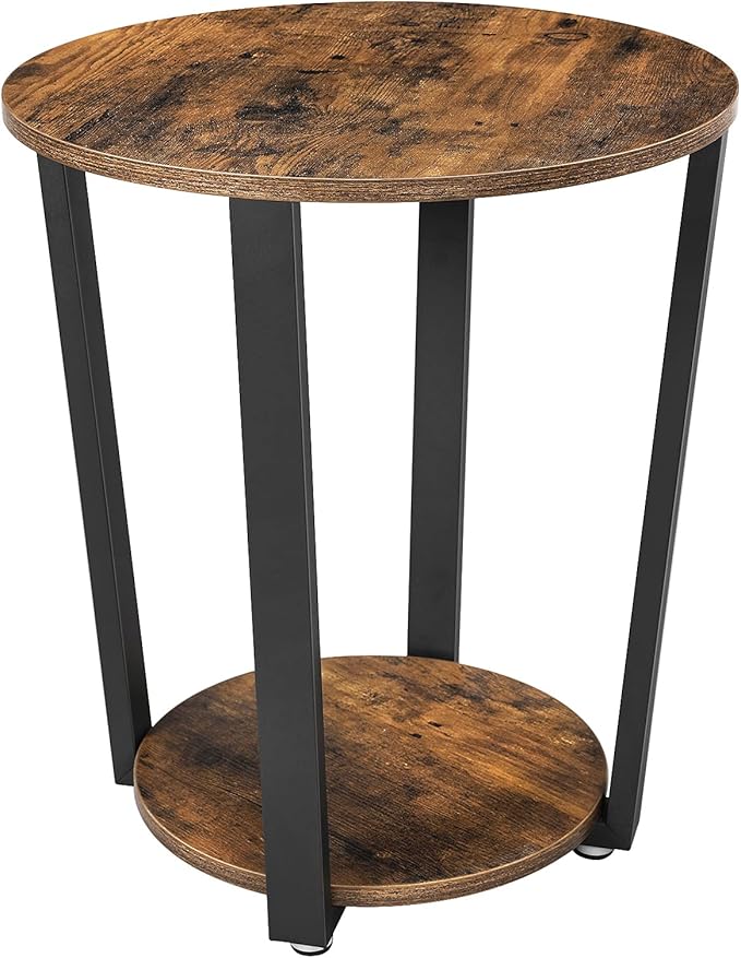 VASAGLE End Table, Round Side Table with Storage Shelf, Easy Assembly, Industrial Accent Furniture with Steel Frame, Rustic Brown and Black