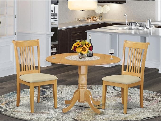 East West Furniture DLPO3-OAK-C 3 Piece Dining Set Contains a Round Dining Table with Dropleaf and 2 Linen Fabric Kitchen Room Chairs, 42x42 Inch, Oak