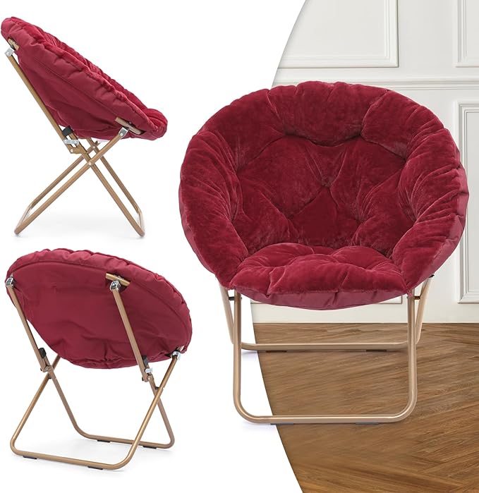 MoNiBloom Round Folding Faux Fur Saucer Chair for Bedroom Living Room Dorm Foldable Metal Frame Oversized Large Comfy Furry Padded Soft Cozy Moon Chair with Footrest Ottoman for Adults (Burgundy)