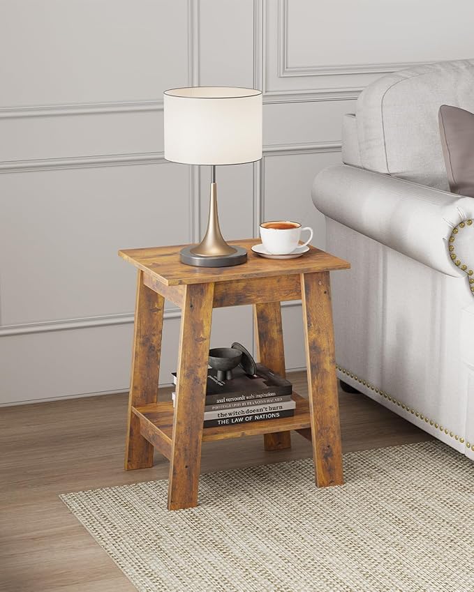 Garvee End Table, Set of 2, Side Table with 2-Tier Storage Shelf, Sofa Table for Small Space, Square Nightstand for Entryway, Farmhouse, Living Room, Easy Assembly, Rustic Brown