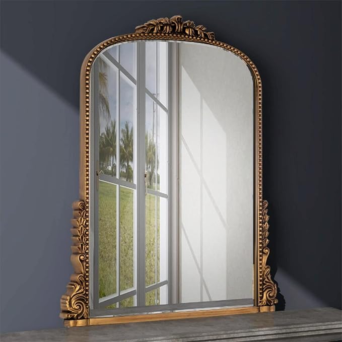 SHYFOY Antiqued Wall Mirror Decorative Vintage Mirrors for Wall Decor, Baroque Wall Mirrors Ornate Arch Mantel Mirror for Living Room Entryway Powder Room, Bronze Dark-Gold Wall Decor, MDF Backing