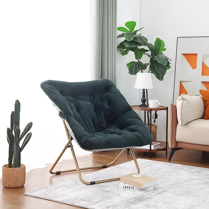 Tiita Comfy Saucer Chair, Soft Faux Fur Oversized Folding Accent Chair, Lounge Lazy Chair for Kids Teens Adults, Metal Frame Moon Chair for Bedroom, Living Room, Dorm Rooms