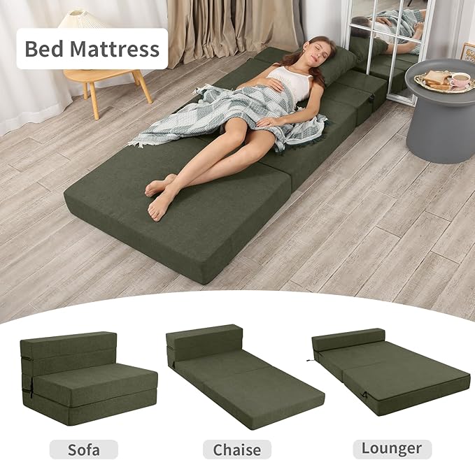 Folding Sofa Bed, High-Density Memory Foam Sofa Bed with a Fluffy Pillow, Folding Floor Couch Guest Bed, Twin Size, Green