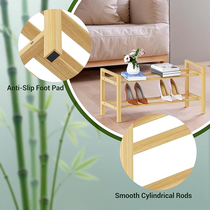 Haddockway Bamboo Shoe Rack for Closet, Free Standing Shoe Organizer with Smooth Round Rods & Convenient Handles, Stackable Shoe Storage Shelf for Entryway, Hallway(Natural, 2-Tier(Small))