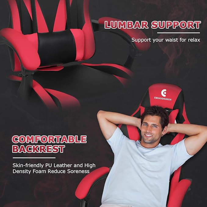 Gaming Chair with Linkage Armrest & Footrest, High Back Video Gaming Chair, Black/Red
