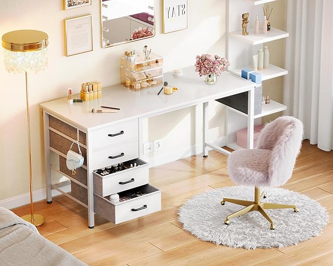 Casaottima 48-Inch Computer Desk with 4 Fabric Drawers — Home Office Desks with Storage, Writing Desk with Side Hook and Cloth Bag, Modern Study/Work Table for Bedroom and Small Space, White