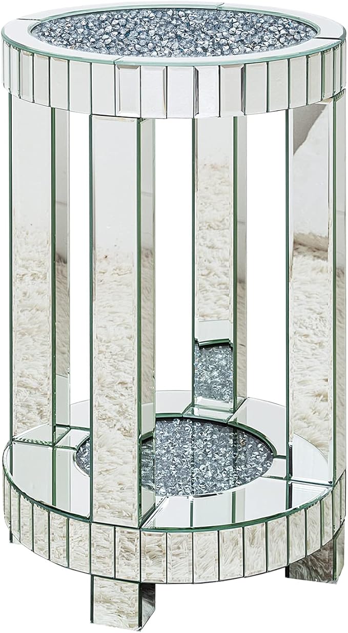 SHYFOY Mirrored End Table Round with Crystals Inlay, 2-Tier Modern Small Sofa Table with Storage, Silver Accent Table for Living Room, Bedroom, Coffee, and Small Spaces