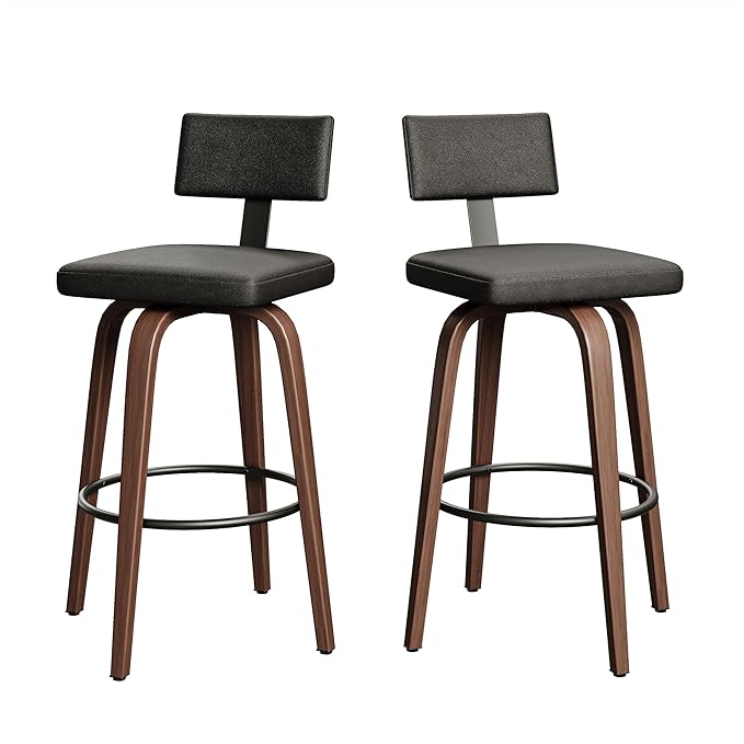 IRONCK Counter Height Bar Stools Set of 2, 29'' Faux Leather Upholstered Barstools with Back, Footrest, Wood Texture Bent Legs, Mid-Century Modern 360° Swivel Bar Stools for Kitchen Island, Black